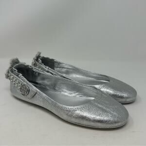 TORY BURCH Minnie Crystal Embellished Two Way Ballet Flat Silver Size 7.5